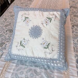 Antique Swat Valley Embroidered Floral Lace Throw Pillow in Soft Blue and Cream